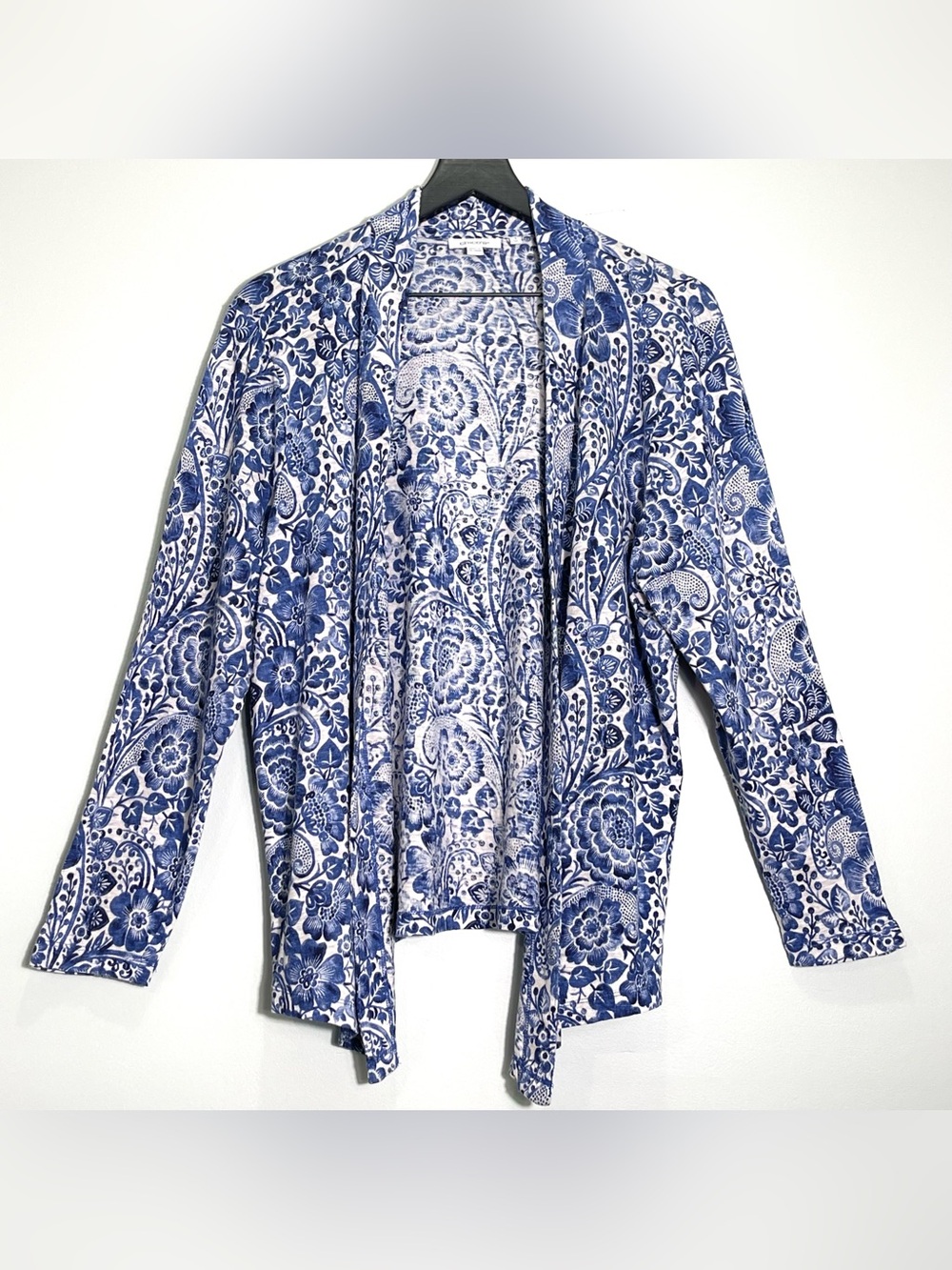 CHICO'S 100% Linen Blue Floral Open Cardigan Waterfall Hem Chico Size 3 (US XL)